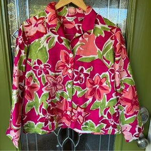 Petite Medium Silk Cotton Embroidered Pink Tropical Floral Jacket Pearl Buttons